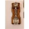 Image 2 : (3) Pewter Collector Spoons w/Wall Hanging Wooden Mounts - 1984, 1985 & 1986