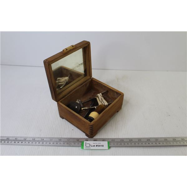 Vintage Wooden Jewelry Box w/Hair Trimmer - Straight Razor - Shaving Brush