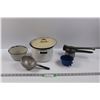 Image 1 : Enameled Pot w/Lid, Enameled Bowl(Chips), Enameled Cup(Chips), Aluminium Strainer & Potato Ricer
