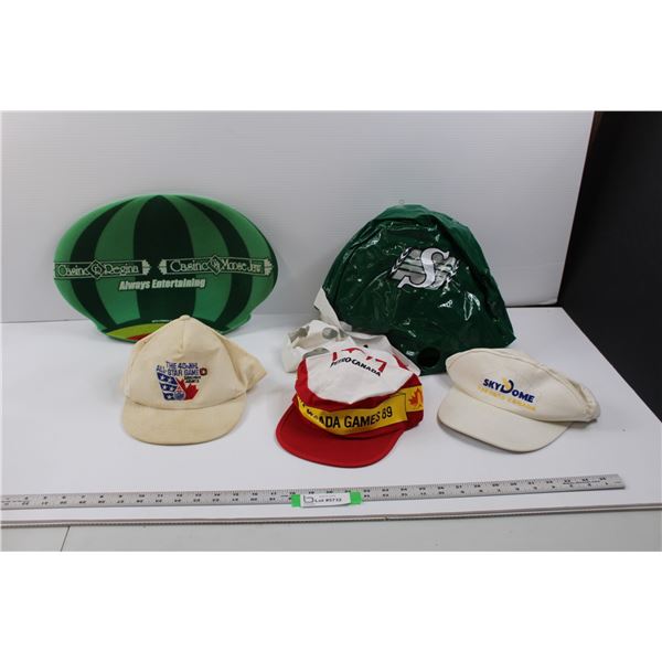 (2) Saskatchewan Rough Riders Fan Head Wear (Foam Watermelon Head, Inflatable Helmet - Untested) & (