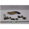 Image 1 : (9) Pad Locks of Varying Size, Manufacturer, Condition (No Keys) & Wooden Carved Trout