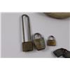 Image 2 : (9) Pad Locks of Varying Size, Manufacturer, Condition (No Keys) & Wooden Carved Trout