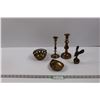 Image 1 : (5 pcs) Brass - (2) Candle Sticks, Mouse, Heart Bowl w/Handle & Tear Drop Dish
