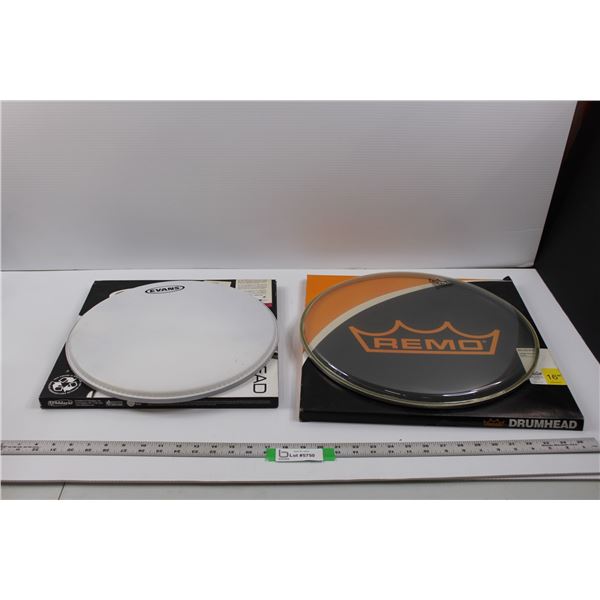 (2) Drum Heads - (1- 16  REMO Weatherking Ambassador & 14  EVANS Coated Power Center Revise Dot) - B