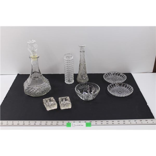 (9 pcs) Glass & Crystal - Decanter w/Stopper, Candy Dish, (2) Ashtrays, (2) Dishes & (2) Vases