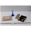 Image 1 : Blue Glass Vase, Brass Hard Hat (Bottle Cap) and Shovel (Bottle Opener) w/Case, Olympia Make-Up Pouc