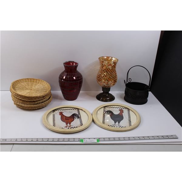 Chicken Art (11.25" diameter), (12) Woven Dantie Trays, Mosaic Glass Vase (Red), Candle Stick Base w