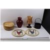 Image 1 : Chicken Art (11.25" diameter), (12) Woven Dantie Trays, Mosaic Glass Vase (Red), Candle Stick Base w