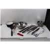 Image 1 : BBQ Set (Fork, Flipper, Tongs), (2) Spoons , (2) Tongs, (2) Pots (1) Lid, Vinegar Bottle, Large Mixi
