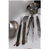 Image 2 : BBQ Set (Fork, Flipper, Tongs), (2) Spoons , (2) Tongs, (2) Pots (1) Lid, Vinegar Bottle, Large Mixi
