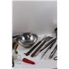 Image 4 : BBQ Set (Fork, Flipper, Tongs), (2) Spoons , (2) Tongs, (2) Pots (1) Lid, Vinegar Bottle, Large Mixi