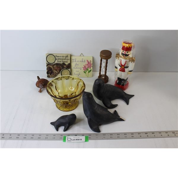 Glass Bowl, Toy Soldier Candle, Walrus Figures, Wall Plaque Sayings, etc.