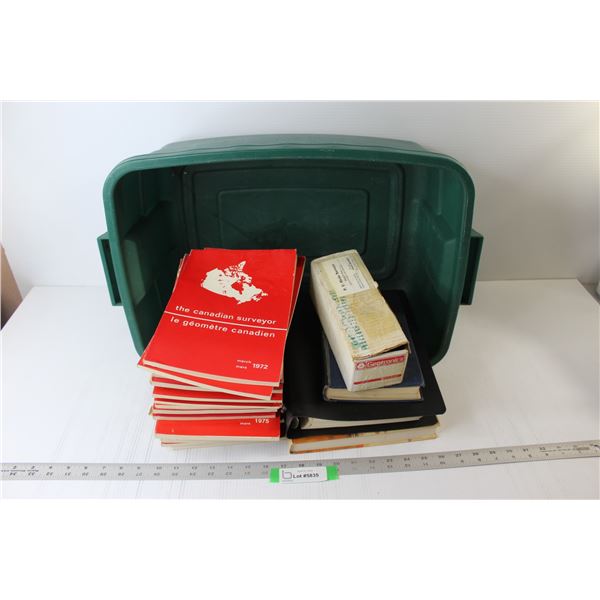 Green Rubbermaid Tote, (23) Copies of The Canadian Surveyor, Textbooks, Surveyors Handbook, Geodimet