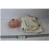 Image 1 : Round Pink Depression Glass Butter Dish, Embroidered Tea Towels, etc.