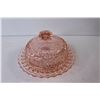 Image 2 : Round Pink Depression Glass Butter Dish, Embroidered Tea Towels, etc.