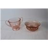 Image 2 : Etched Pink Depression Glass Sugar Bowl, Pink Depression Glass Bowl, Wooden Pedestal, Wooden Bowl, W