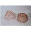 Image 3 : Etched Pink Depression Glass Sugar Bowl, Pink Depression Glass Bowl, Wooden Pedestal, Wooden Bowl, W