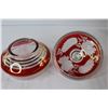 Image 9 : Pinwheel Crystal Pedestal Bowl, (2) Glass Lidded Bowls, Red & Gold Lidded Bowl