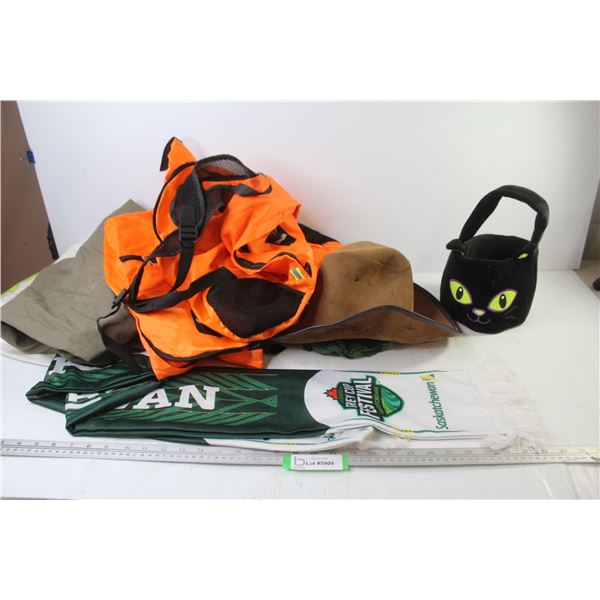 Saskatchewan Grey Cup 2022 Scarf - Black Cat Basket - Leather Hat Stained - (3) Sask Milk Backpacks 