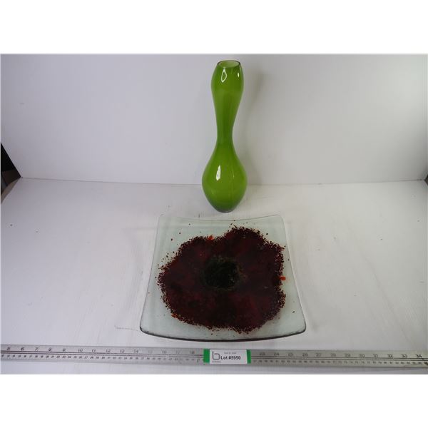 Lime Green Abstract Vase and Fused Art Serving Platter