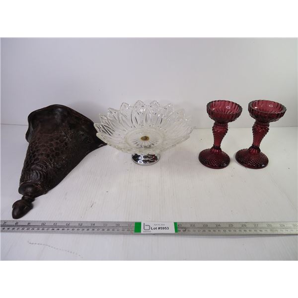 Embossed Metal Wall Art, Glass Pedestal Bowl,(2) Cranberry Glass Candle Holders