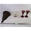 Image 1 : Embossed Metal Wall Art, Glass Pedestal Bowl,(2) Cranberry Glass Candle Holders