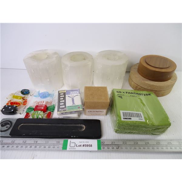 (3) Selenite Candle Holders,(3) Wooden Bases, Pkg. of Napkins, Box of Incense,(2) Pkgs. Fridge Magne