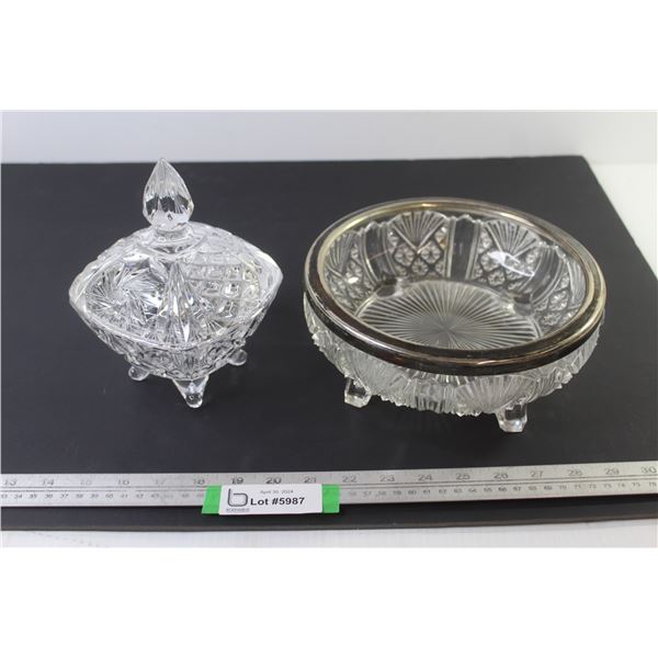 Pinwheel Crystal Footed Candy Dish - Glass Footed Dish w/Metal Trim