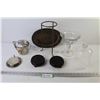 Image 1 : (2) Wooden Stands - Flowered Stemmed Glass Dish - Sugar Bowl - Metal Coasters - Glass Dome Cover - M