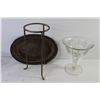 Image 5 : (2) Wooden Stands - Flowered Stemmed Glass Dish - Sugar Bowl - Metal Coasters - Glass Dome Cover - M