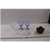 Image 1 : (3) Crystal Pedestal Dishes, (2) Blue Glass Pedestal Glasses & Clay Bowl