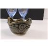 Image 7 : (3) Crystal Pedestal Dishes, (2) Blue Glass Pedestal Glasses & Clay Bowl