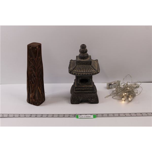 Carved Piece of Wood, Asian Inspired Clay/Terracotta Tea Light Holder & (2) Lengths Battery String L