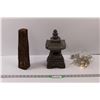 Image 1 : Carved Piece of Wood, Asian Inspired Clay/Terracotta Tea Light Holder & (2) Lengths Battery String L