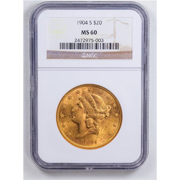 1904-S $20 Saint-Gaudens No Motto Double Eagle Gold Coin NGC MS60