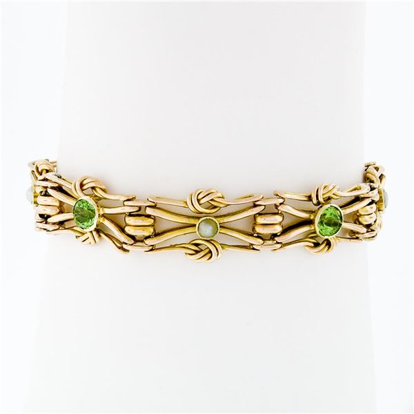 Antique Victorian 15k Gold Green Peridot & Pearl Love Knot Link Chain Bracelet