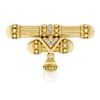 Image 1 : Vintage 18K Gold Diamond Matte Finish Dual Column Bar Brooch & Pearl Bead Dangle