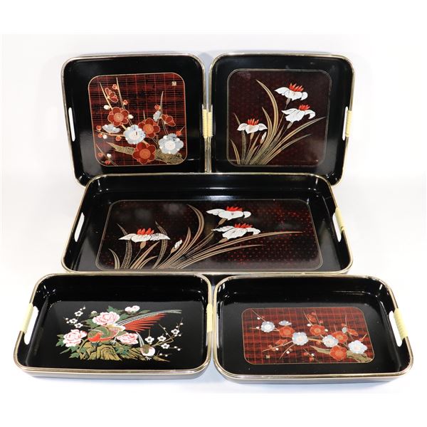 VINTAGE JAPANESE LACQUER WARE TRAYS 5 PIECES