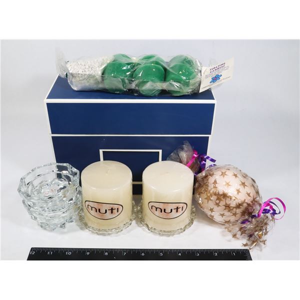 BOX OF NEW CANDLES SOLD WITH CANDLE HOLDERS