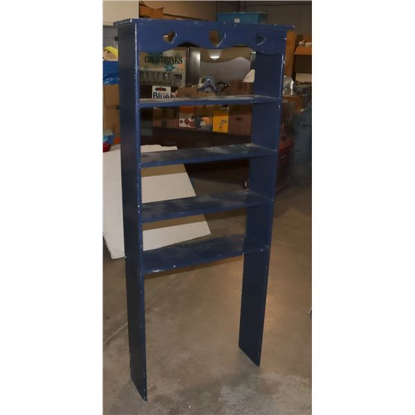 BLUE BOOKCASE, HEARTS CUT OUT DETAIL ON TOP