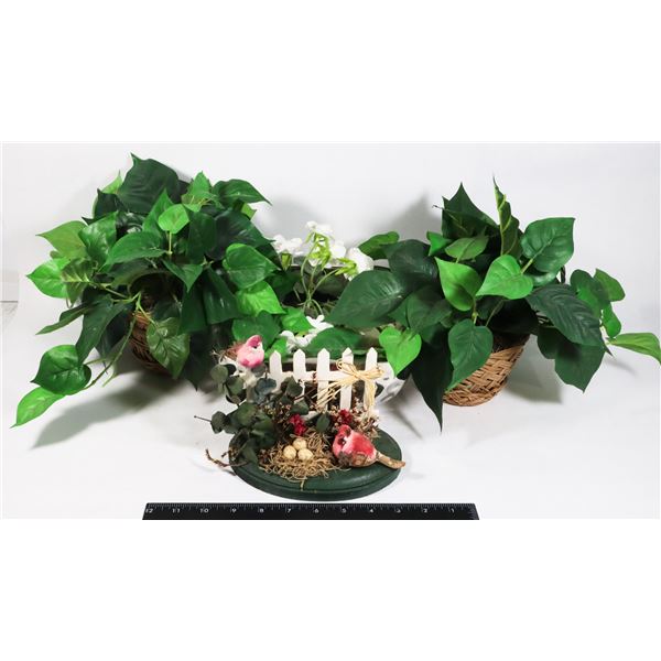 BOX OF FAUX PLANTS AND CENTERPIECES