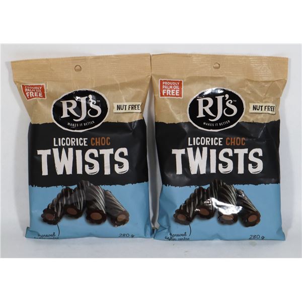 TWO BAGS RJ'S LICORICE CHOC TWISTS 280G