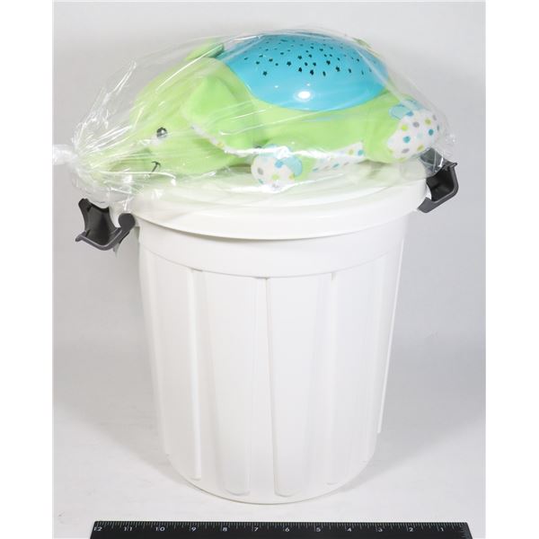 BABY TOY SOLD WITH SMALL LIDDED GARBAGE BIN