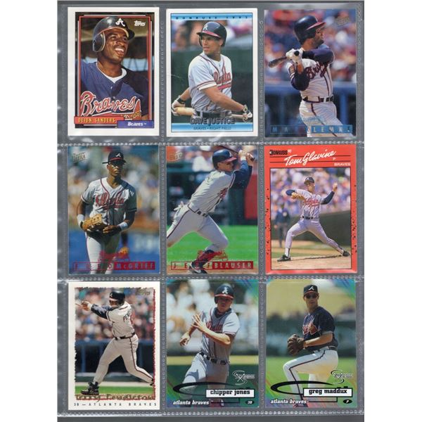 9 Atlanta Braves cards of various 1990's years: Tom Glavine, David Justice, Gregg Maddux, Fred McGri