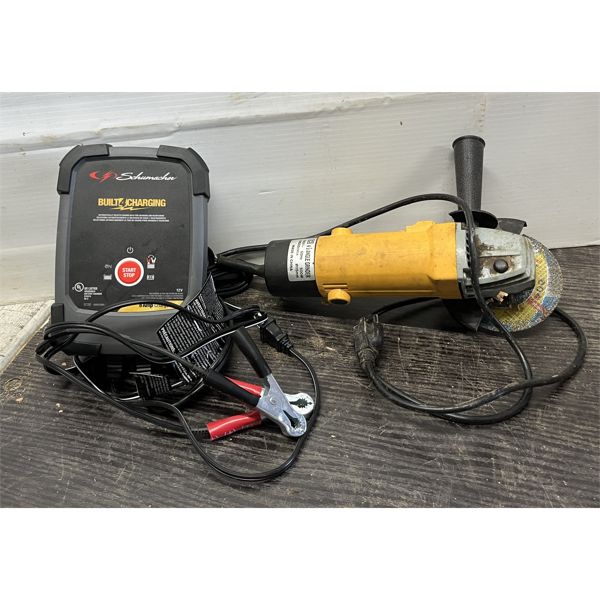 LOT OF 2 - BUIT 4 CHARGING SCHUMACHER 8 AMP CHARG & 41/2 ANGLE GRINDER