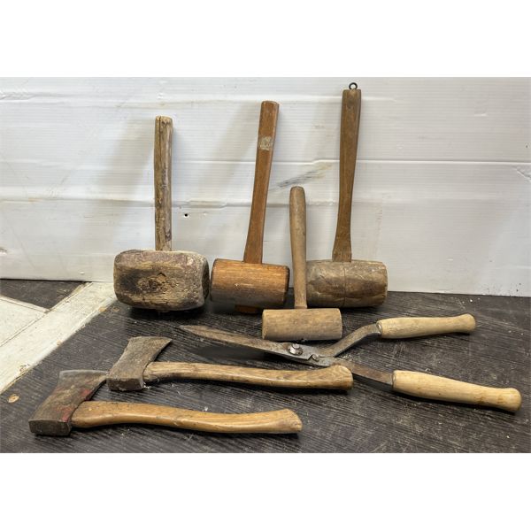 LOT OF 7 - PRIMITIVE TOOLS - INCL MALLETS, HATCHET & SHEARS  