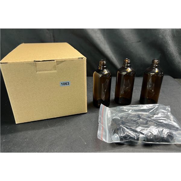 Lot of 1 Box of Amber Glass Bottles with Caps - 18 Bottles In Box - Brand New!