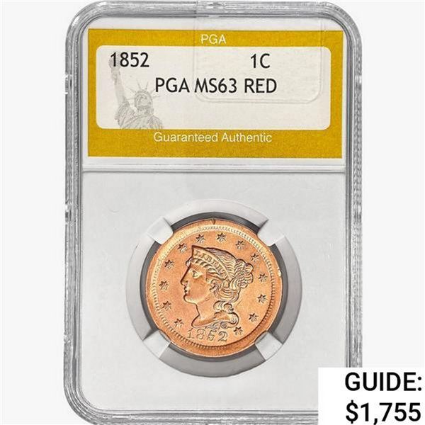 1852 Braided Hair Large Cent PGA MS63 RED