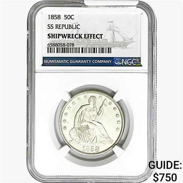 1858 Seated Lib. 50C NGC Shipwreck Effect SS REP.
