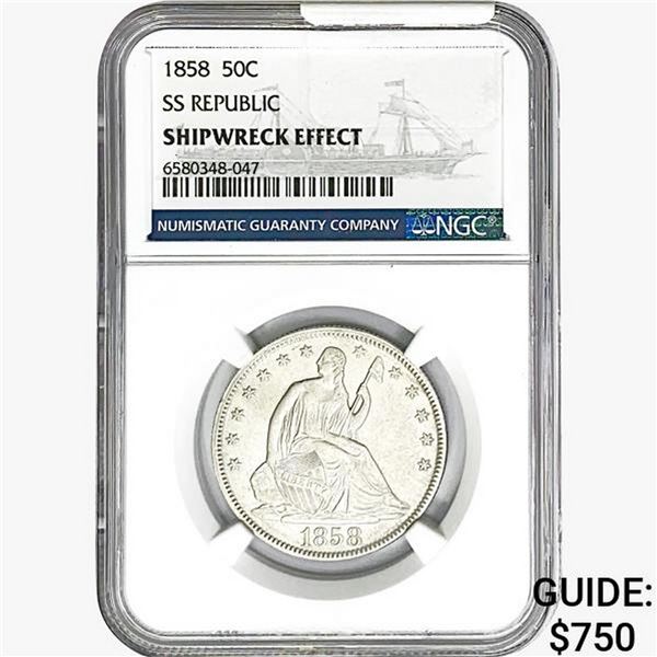 1858 Seated Lib. 50C NGC Shipwreck Effect SS REP.